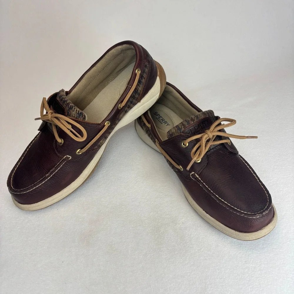 Sperry Boat Shoes Mens 11M Brown Leather Wool Tweed STS99113 Preppy